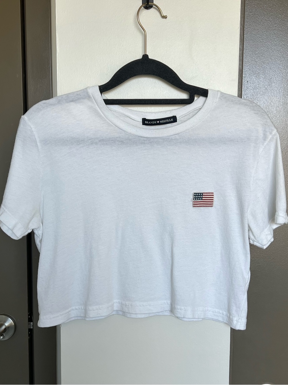 Brandy Melville White Cropped Tee w/ American Flag Patch